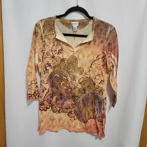 Chico's Paisley Tunic Top in Peach and Tan with Rhinestone Detail. Size 1